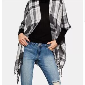 BCBG Fringe Plaid Ruana in Black.
